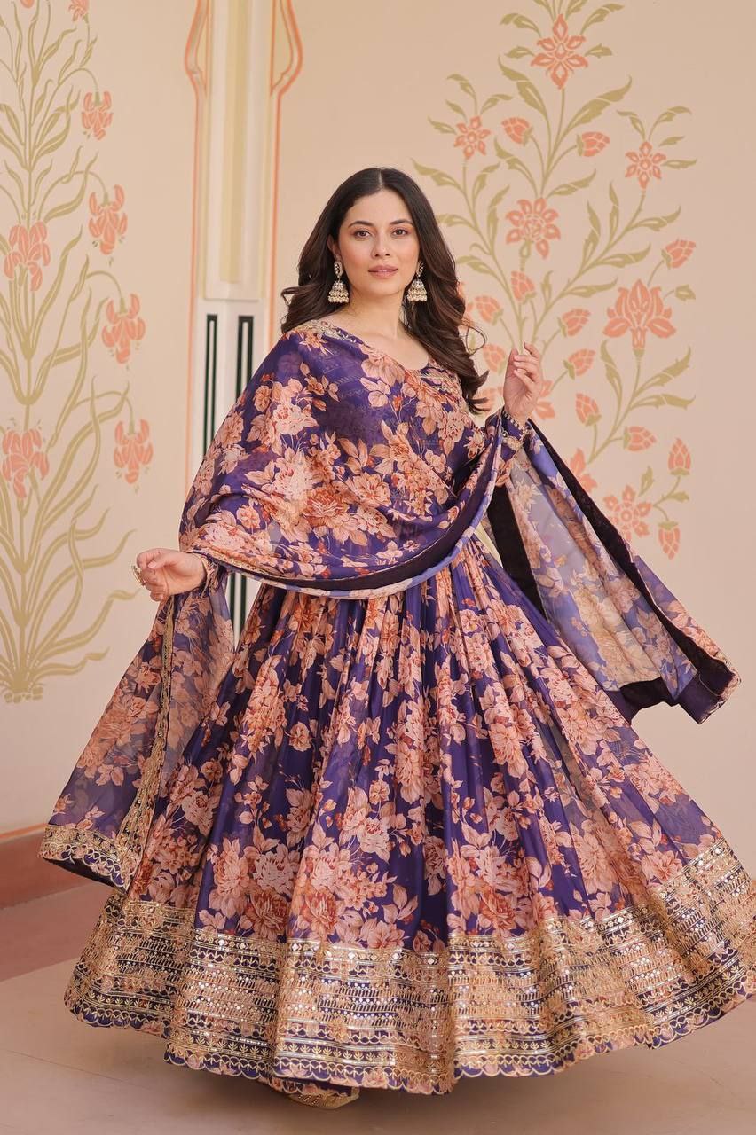 Premium Russian Silk Gown with Dupatta | Digital Print & Sequins