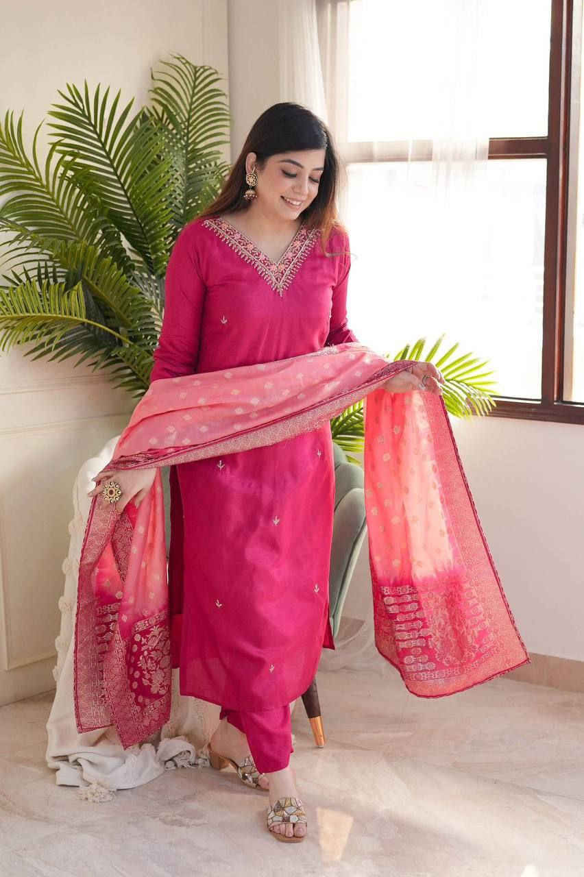 Elegant Viscose Reyon Embroidered Kurti Set with Printed Dupatta