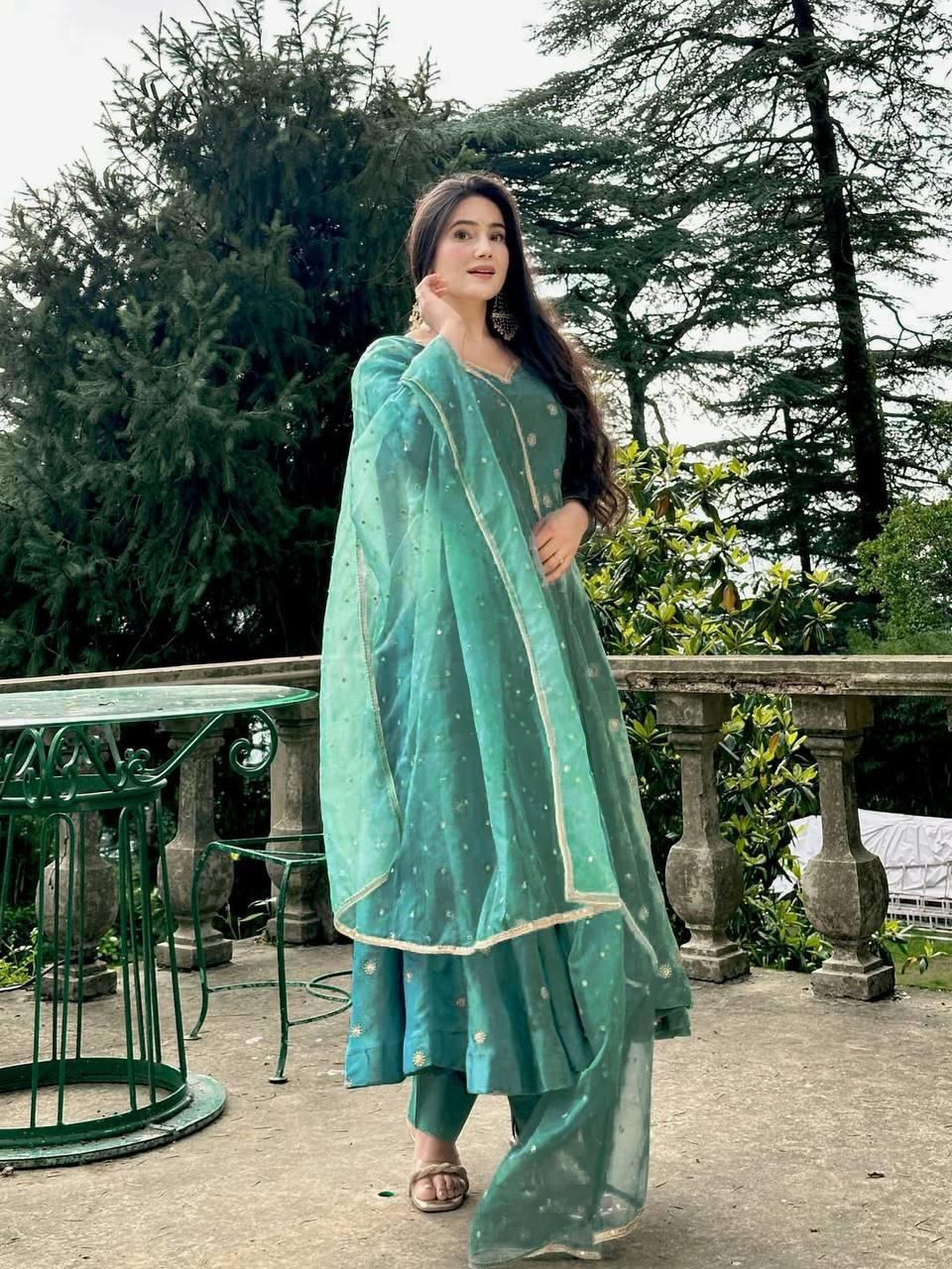 Designer Embroidered Simmar Silk Anarkali Set With Sequins