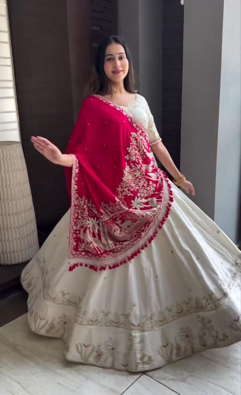 Elegant Vichitra Silk Embroidered Lehenga Choli Set with Dupatta