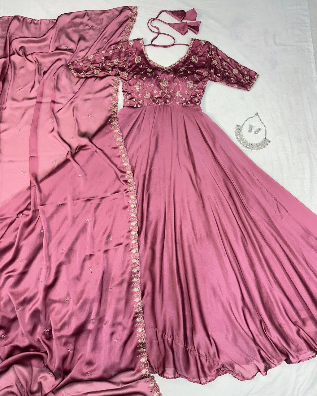 Elegant Silk Embroidered Gown with Cutwork Dupatta | Sizes S–3XL | Premium Quality