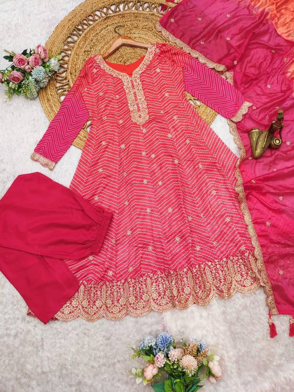 Elegant Chinon Embroidered Kurta Set with Gold Detailing | Sizes M–3XL | Ready to Ship