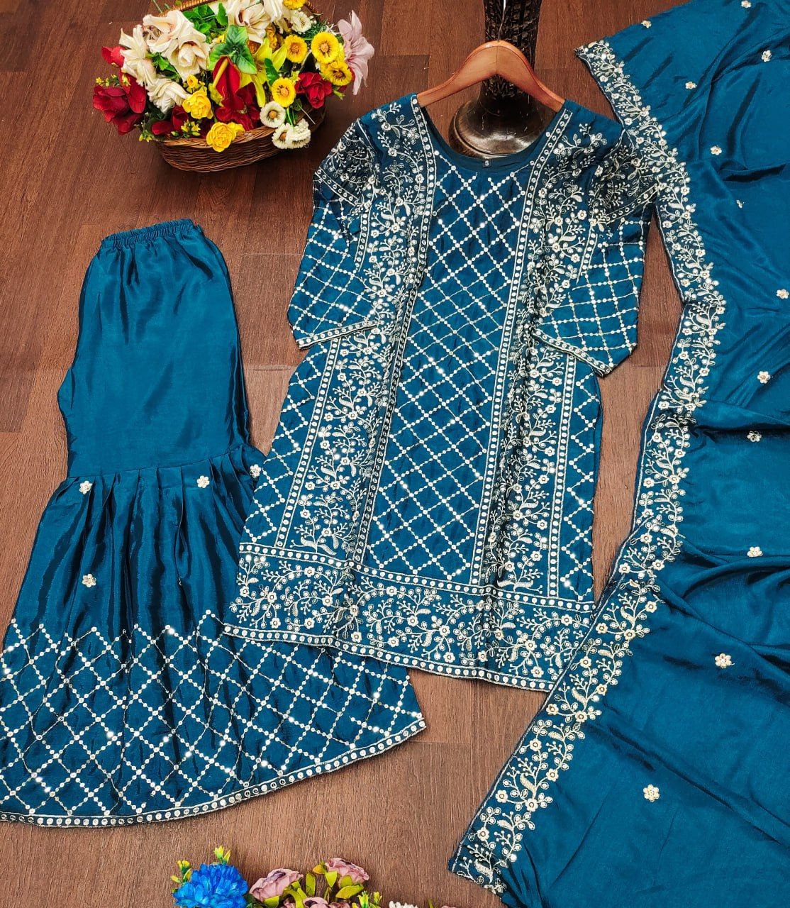 Chinon Embroidered Sharara Suit Set with Heavy Dupatta