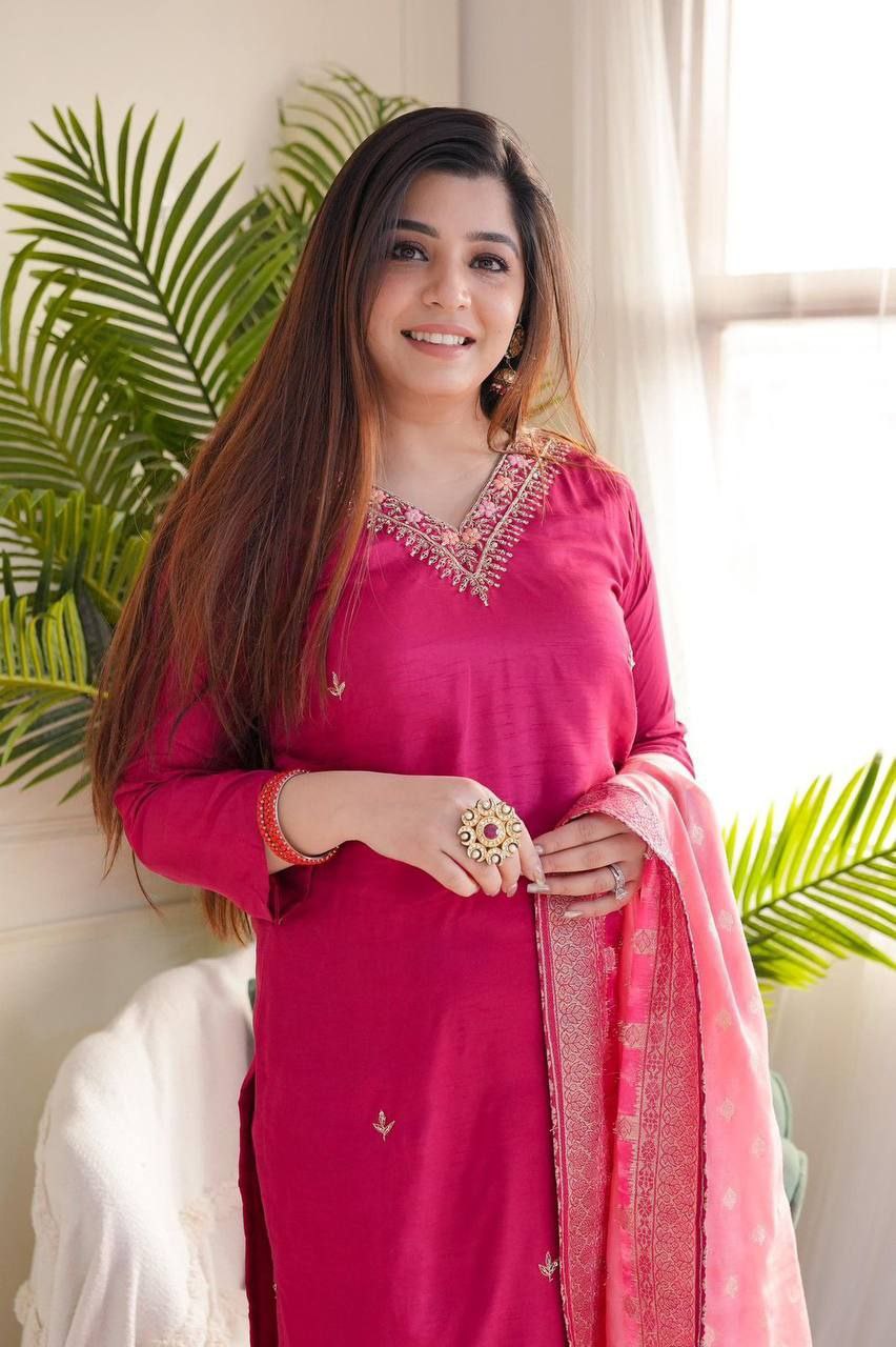 Elegant Viscose Reyon Embroidered Kurti Set with Printed Dupatta
