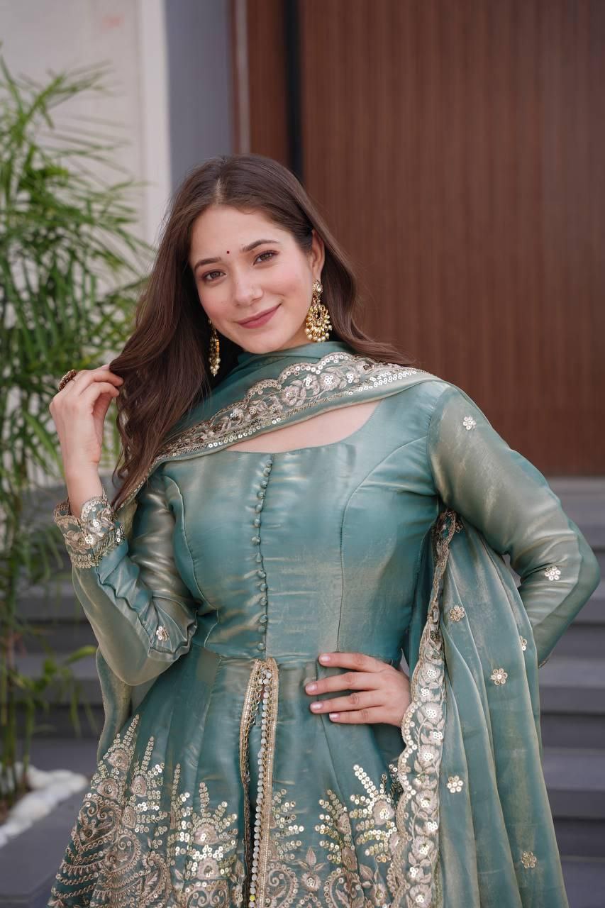 Designer Real Mirror Embroidered Gown Sharara Set