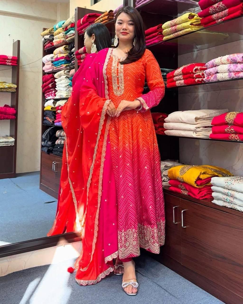Elegant Chinon Embroidered Kurta Set with Gold Detailing | Sizes M–3XL | Ready to Ship