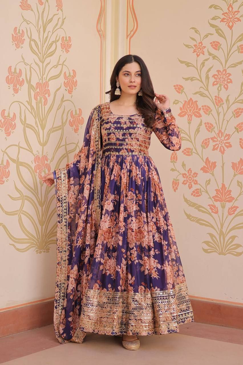 Premium Russian Silk Gown with Dupatta | Digital Print & Sequins