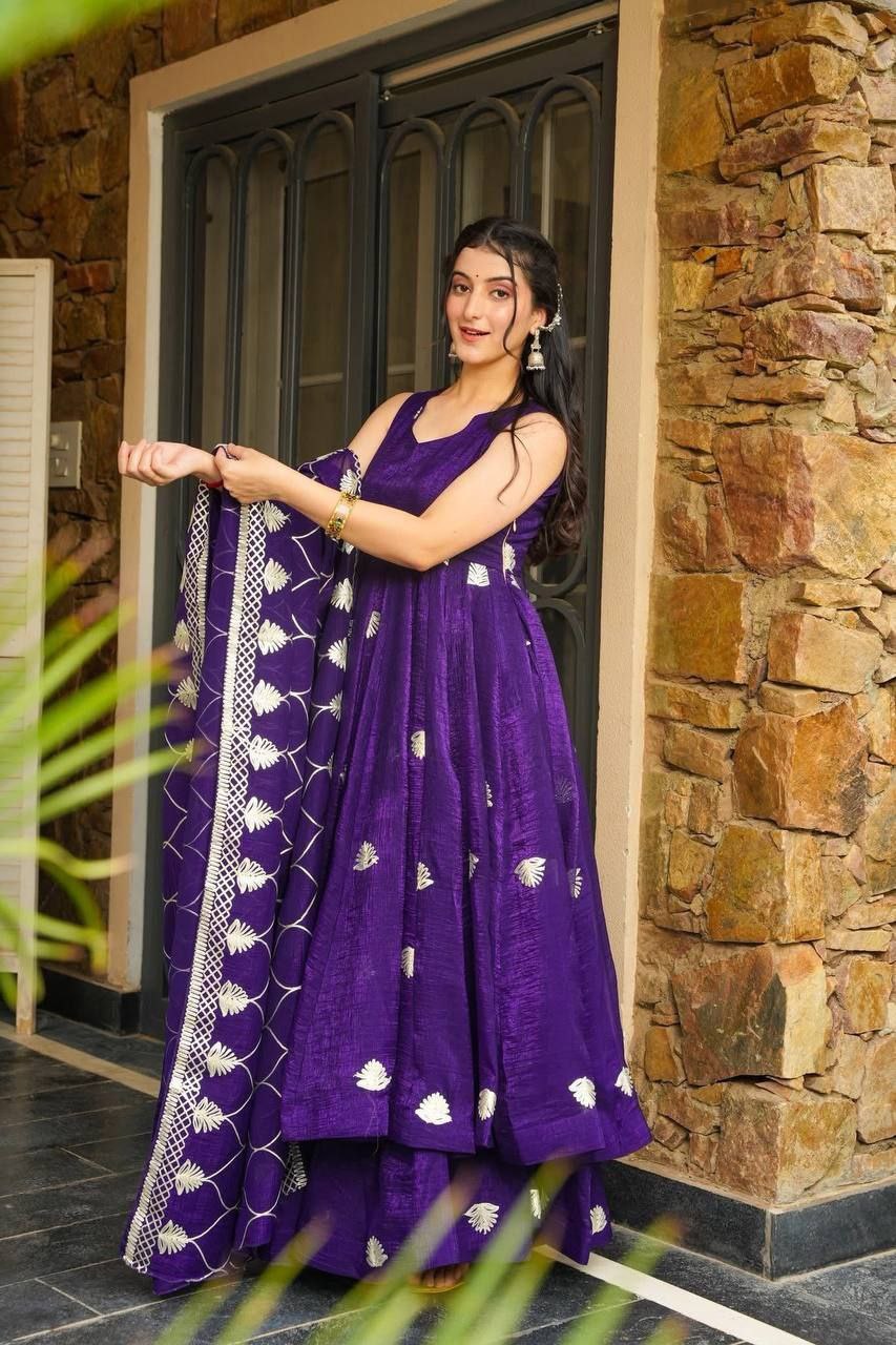 Premium Fendy Silk Embroidered Gown Set with Plazzo & Dupatta | Ready to Wear
