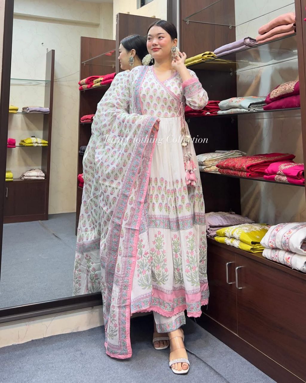 Elegant Pink Mal Cotton Anarkali Kurti Set with Handwork Neck