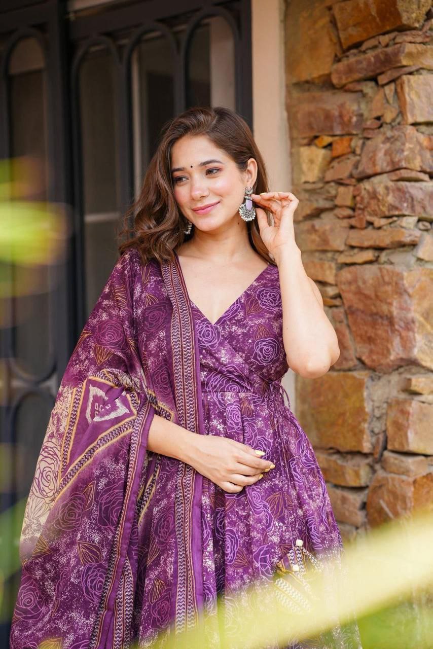 Elegant Digital Printed Cotton Anarkali Suit with Dupatta