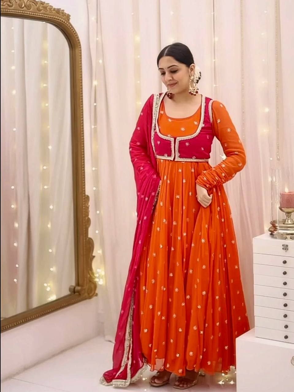 Anarkali Gown Set with Embroidered Koti, Dupatta & Pant – 7 Mtr Flair