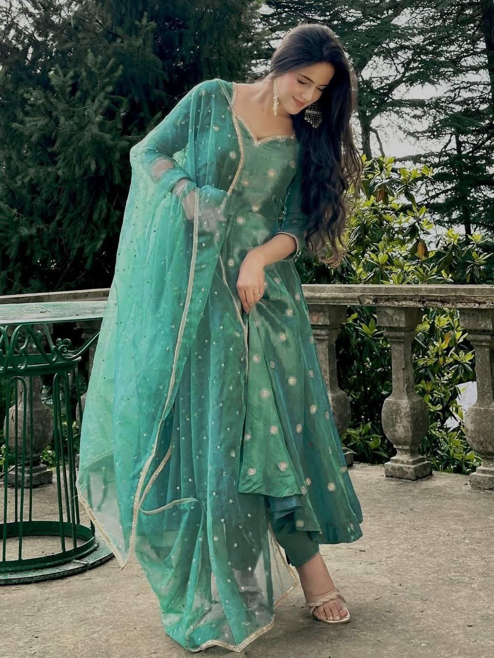 Designer Embroidered Simmar Silk Anarkali Set With Sequins