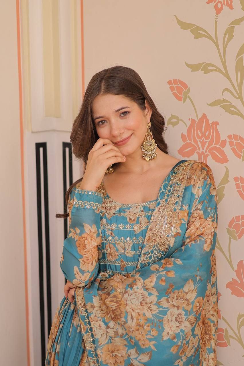 Premium Russian Silk Gown with Dupatta | Digital Print & Sequins