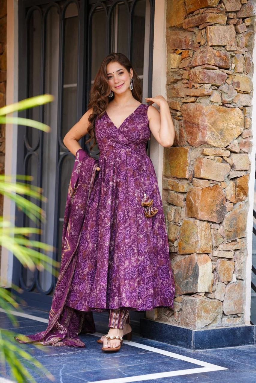 Elegant Digital Printed Cotton Anarkali Suit with Dupatta
