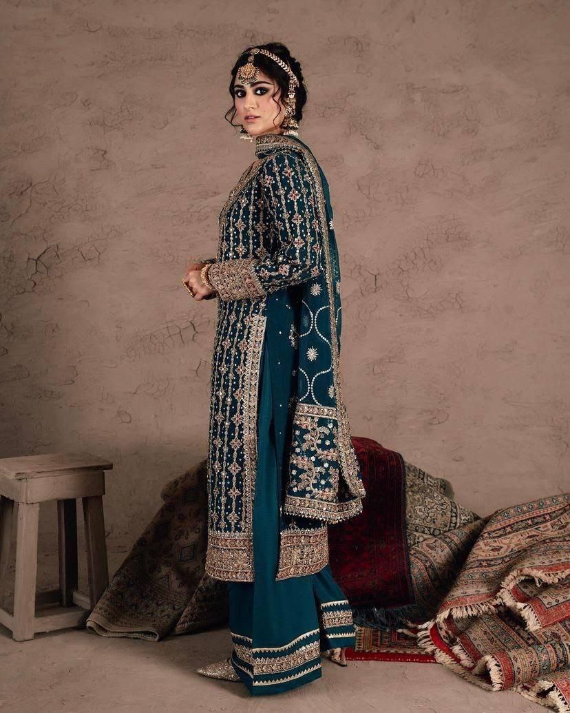 Embroidered Georgette Kurta Set with Sequins & Diamond Work