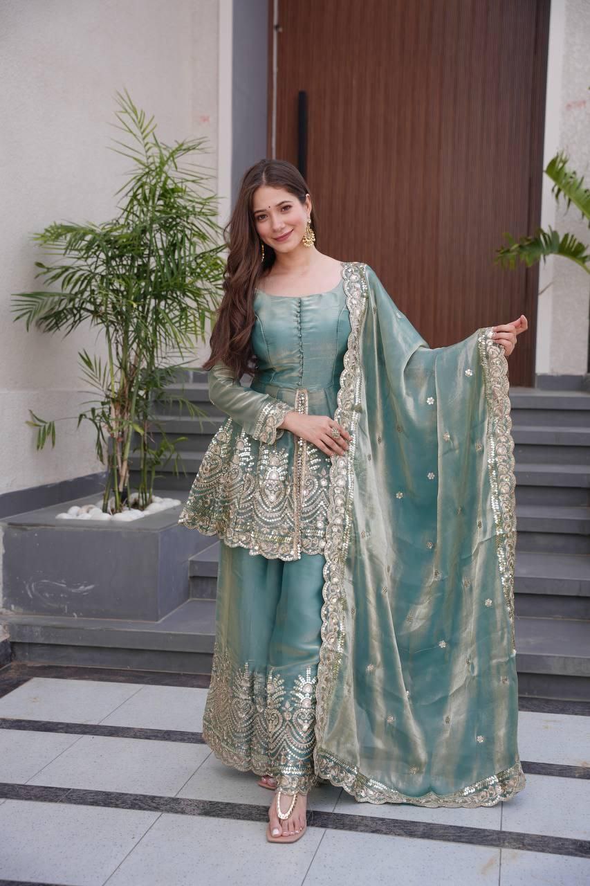 Designer Real Mirror Embroidered Gown Sharara Set