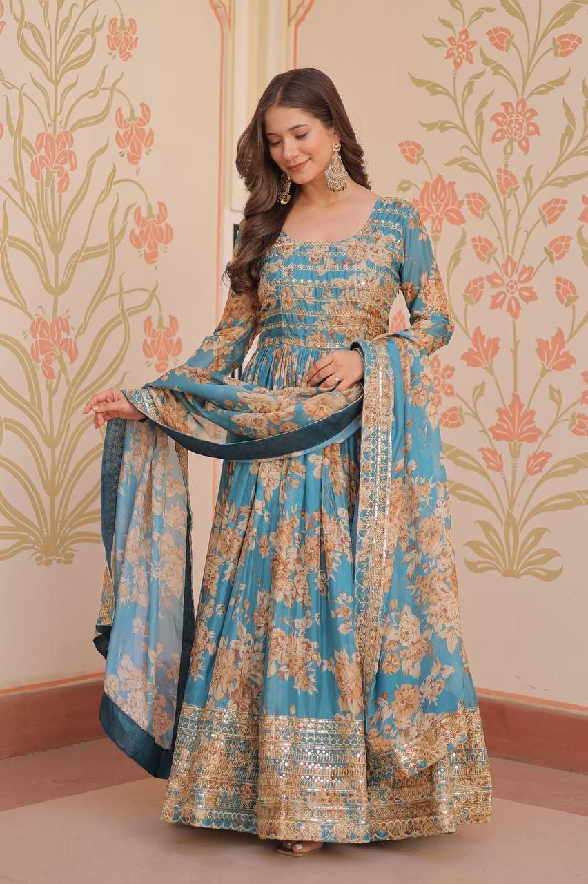Premium Russian Silk Gown with Dupatta | Digital Print & Sequins