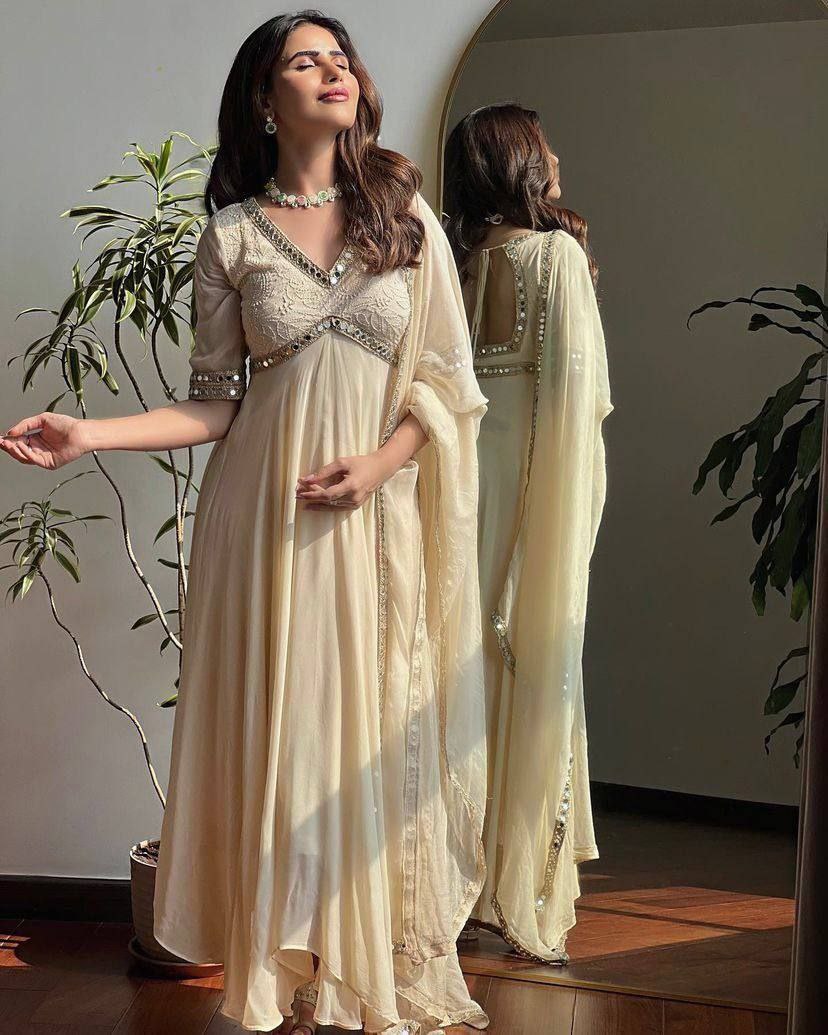 Premium Mirror Embroidered Anarkali Gown with Dupatta | Faux Georgette | 8 Meter Flair