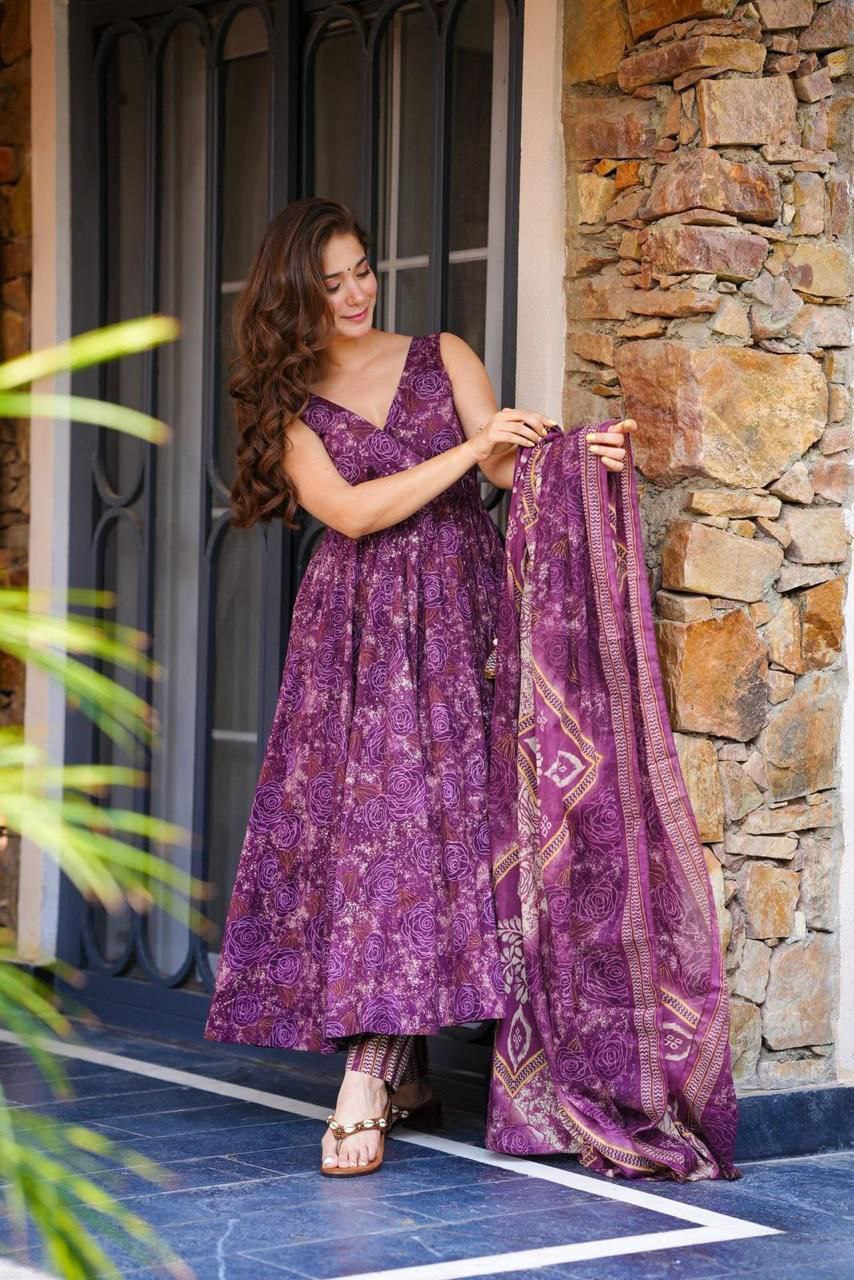 Elegant Digital Printed Cotton Anarkali Suit with Dupatta