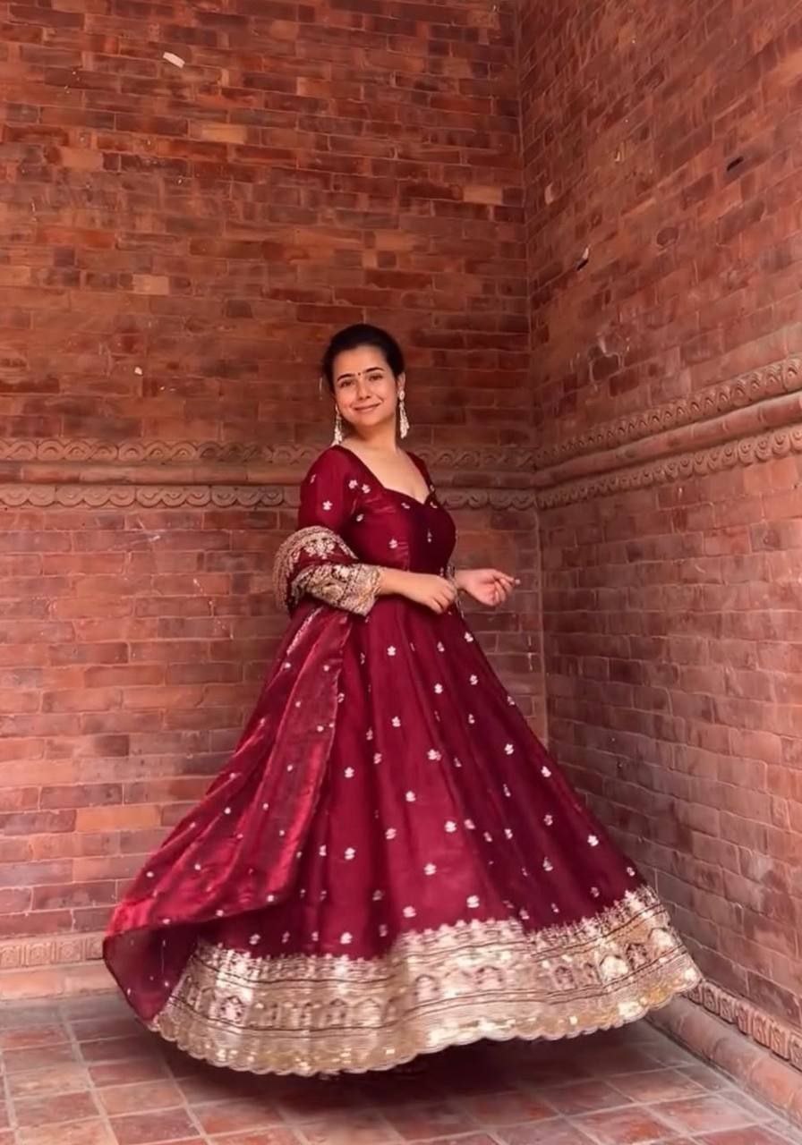 Heavy Fendy Silk Anarkali Set with Embroidery & Sequins | Ready to Wear