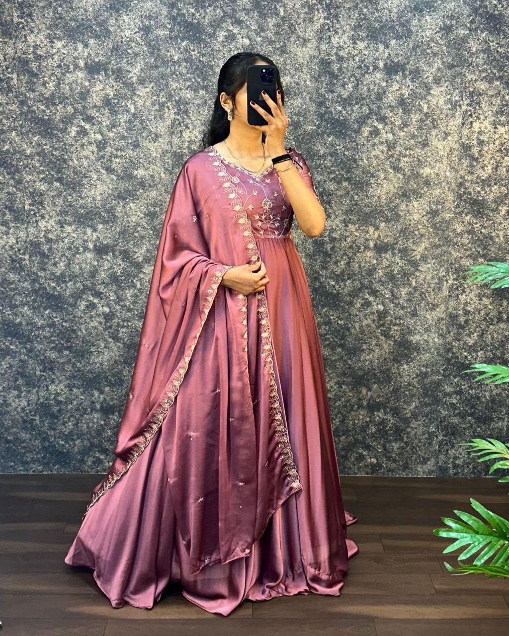 Elegant Silk Embroidered Gown with Cutwork Dupatta | Sizes S–3XL | Premium Quality