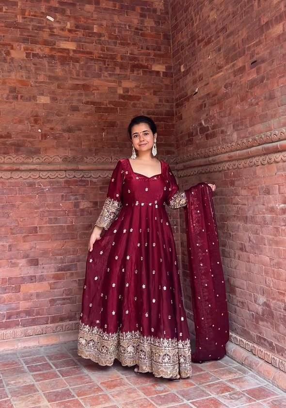 Heavy Fendy Silk Anarkali Set with Embroidery & Sequins | Ready to Wear