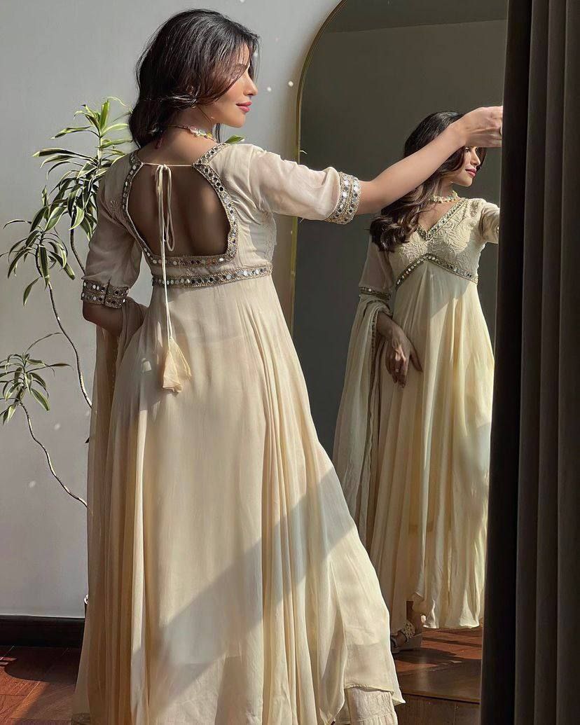 Premium Mirror Embroidered Anarkali Gown with Dupatta | Faux Georgette | 8 Meter Flair