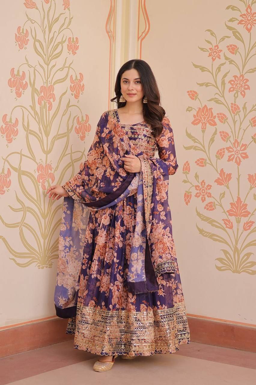 Premium Russian Silk Gown with Dupatta | Digital Print & Sequins