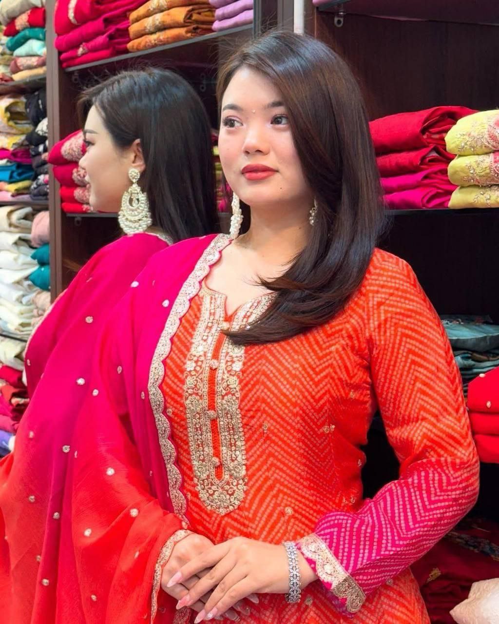 Elegant Chinon Embroidered Kurta Set with Gold Detailing | Sizes M–3XL | Ready to Ship