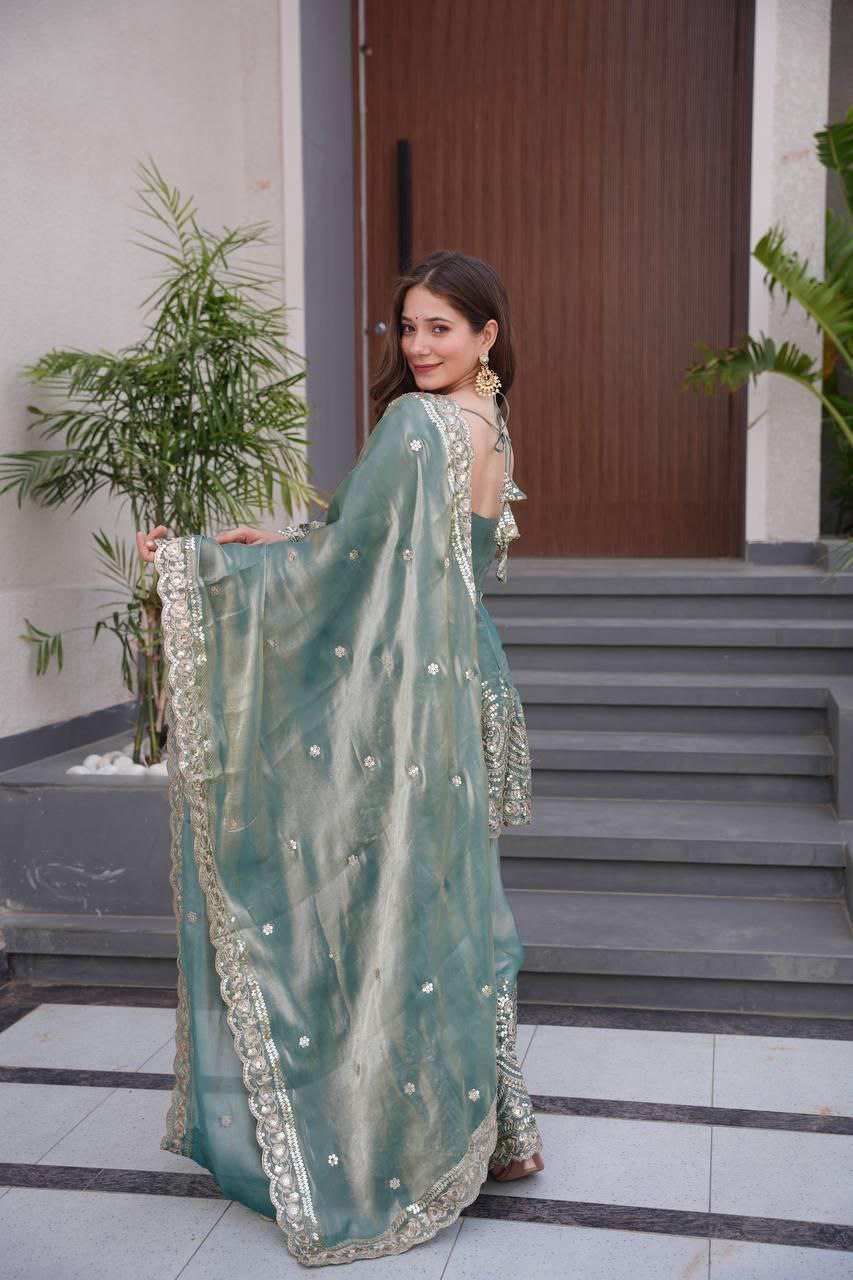 Designer Real Mirror Embroidered Gown Sharara Set