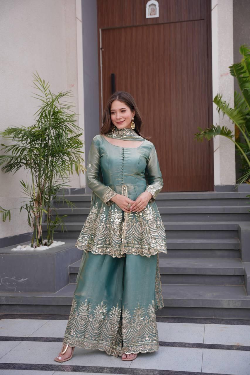 Designer Real Mirror Embroidered Gown Sharara Set