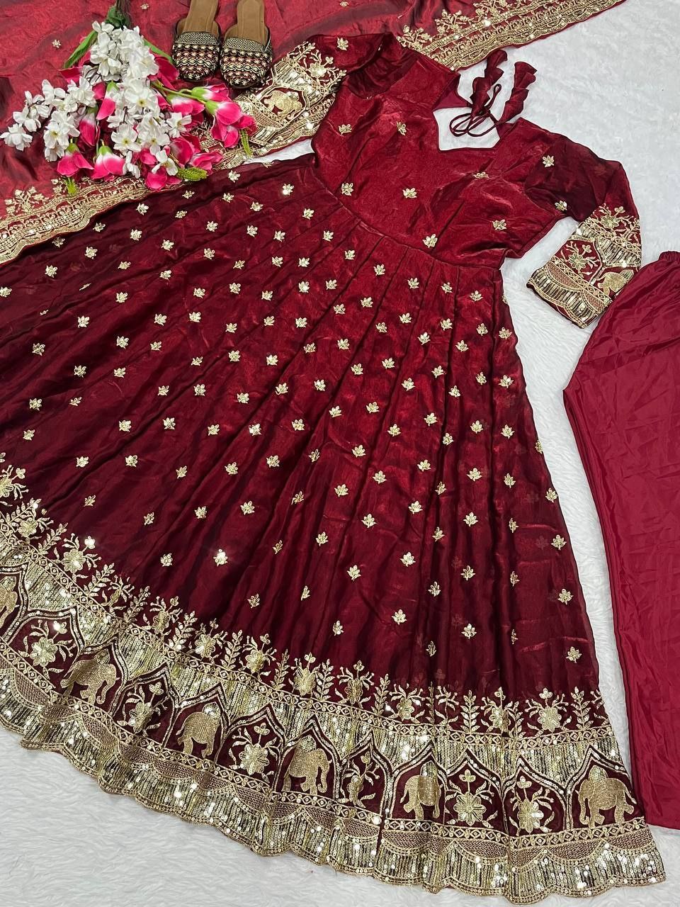 Heavy Fendy Silk Anarkali Set with Embroidery & Sequins | Ready to Wear