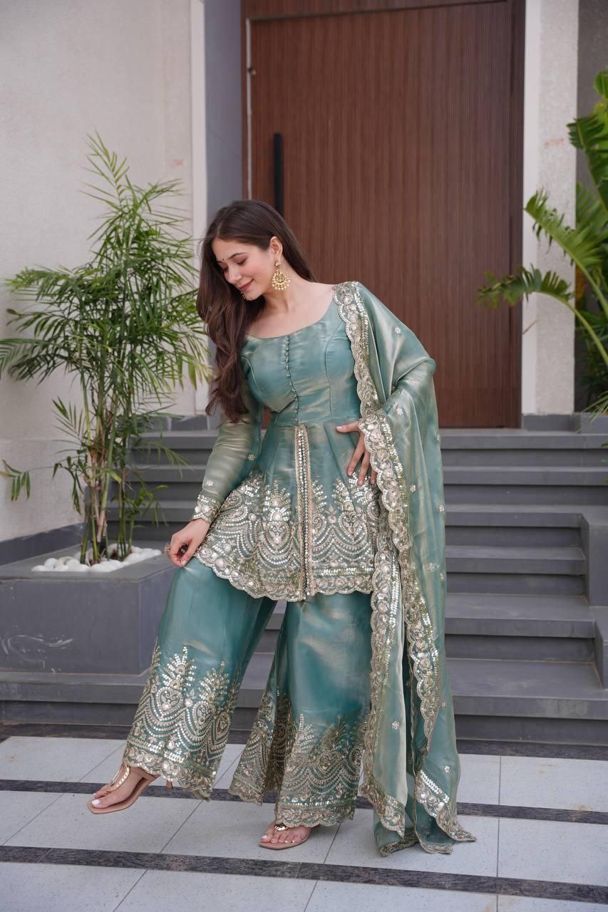 Designer Real Mirror Embroidered Gown Sharara Set
