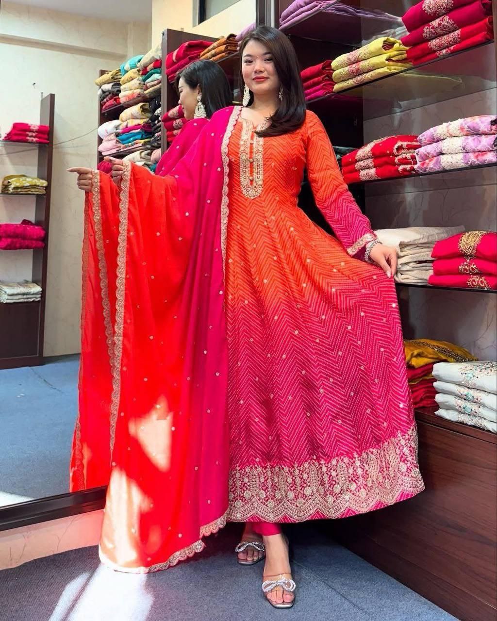 Elegant Chinon Embroidered Kurta Set with Gold Detailing | Sizes M–3XL | Ready to Ship