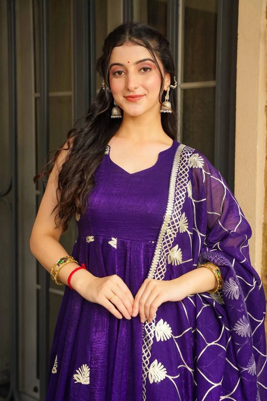 Premium Fendy Silk Embroidered Gown Set with Plazzo & Dupatta | Ready to Wear
