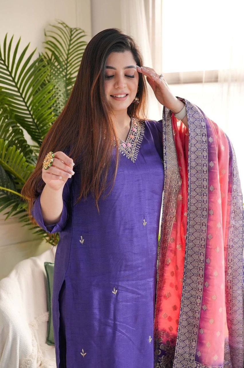 Elegant Viscose Reyon Embroidered Kurti Set with Printed Dupatta