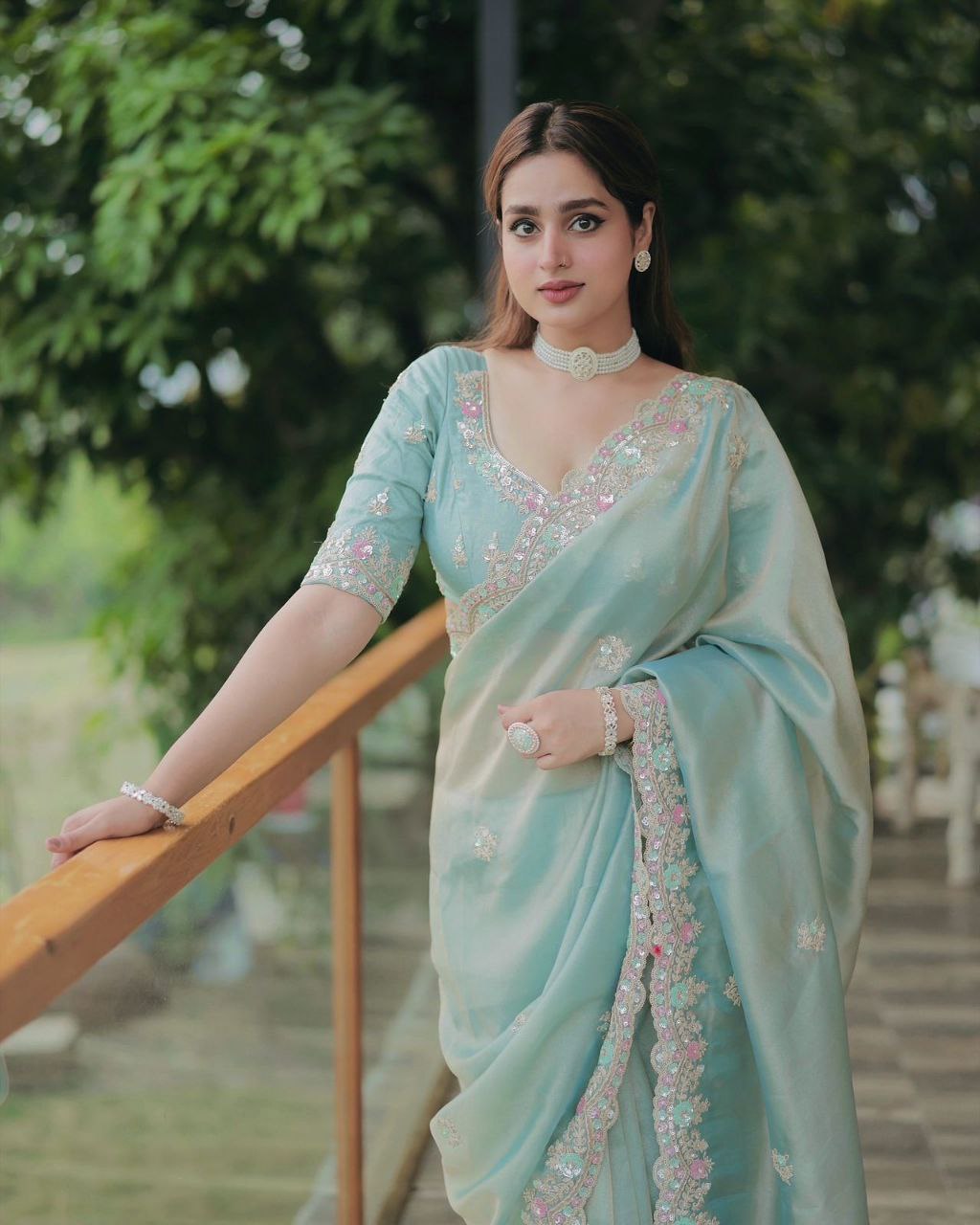 Exclusive Multicolour Sequin Embroidered Space Silk Saree Set