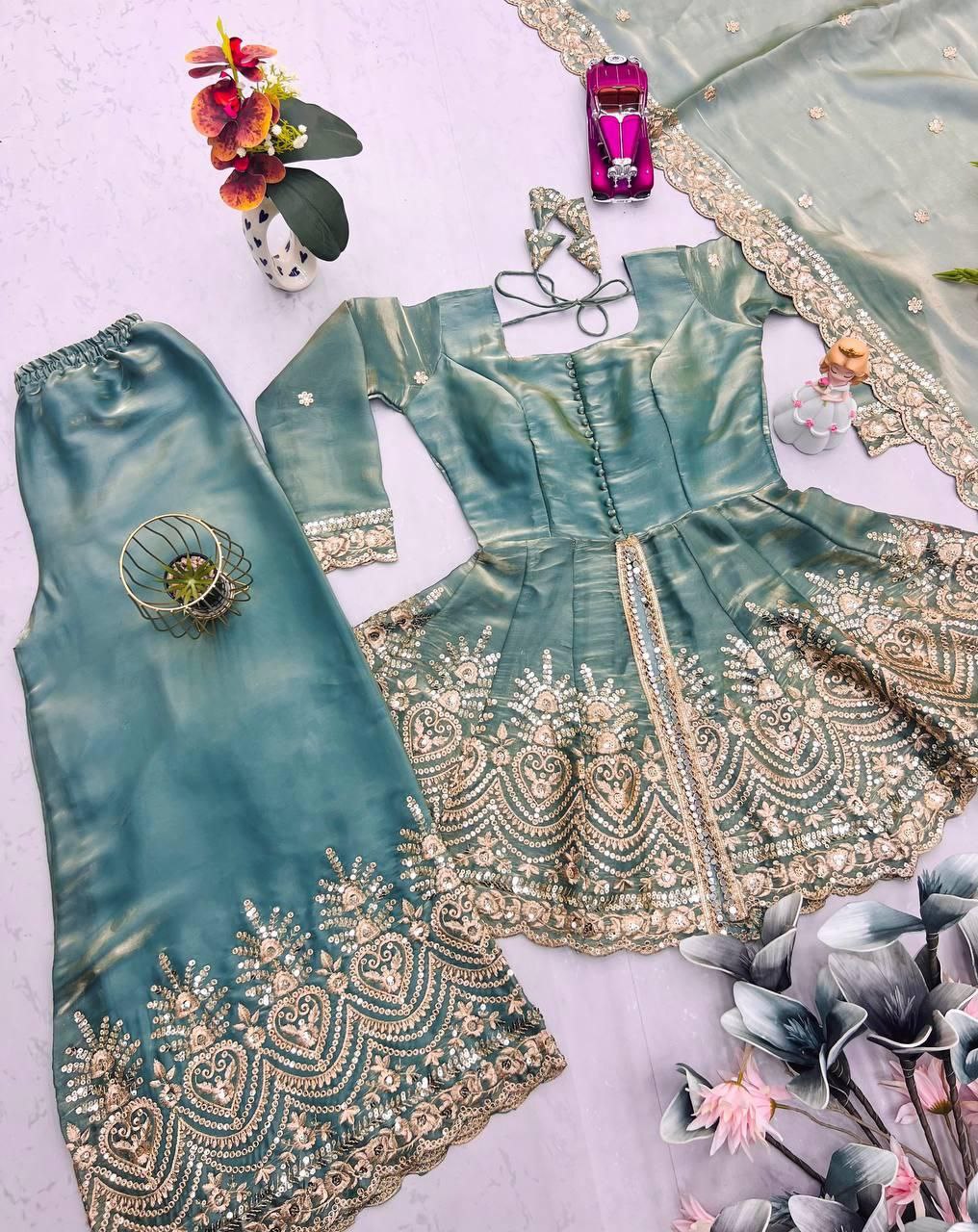 Designer Real Mirror Embroidered Gown Sharara Set