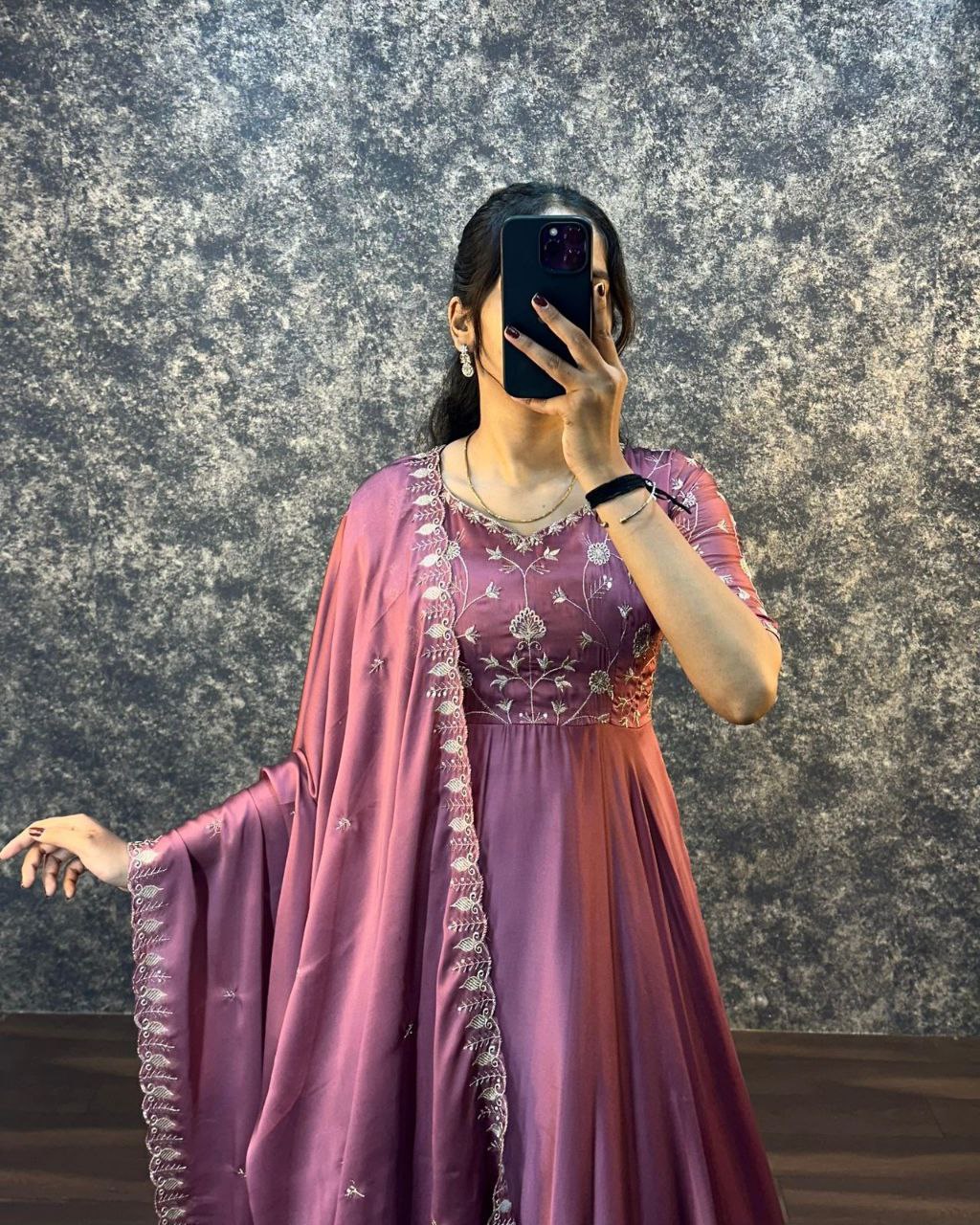 Elegant Silk Embroidered Gown with Cutwork Dupatta | Sizes S–3XL | Premium Quality