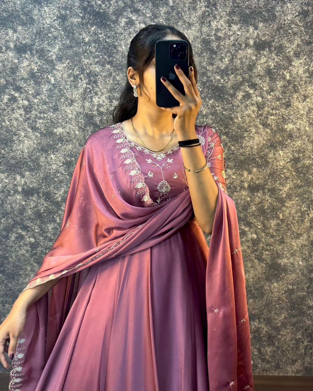 Elegant Silk Embroidered Gown with Cutwork Dupatta | Sizes S–3XL | Premium Quality
