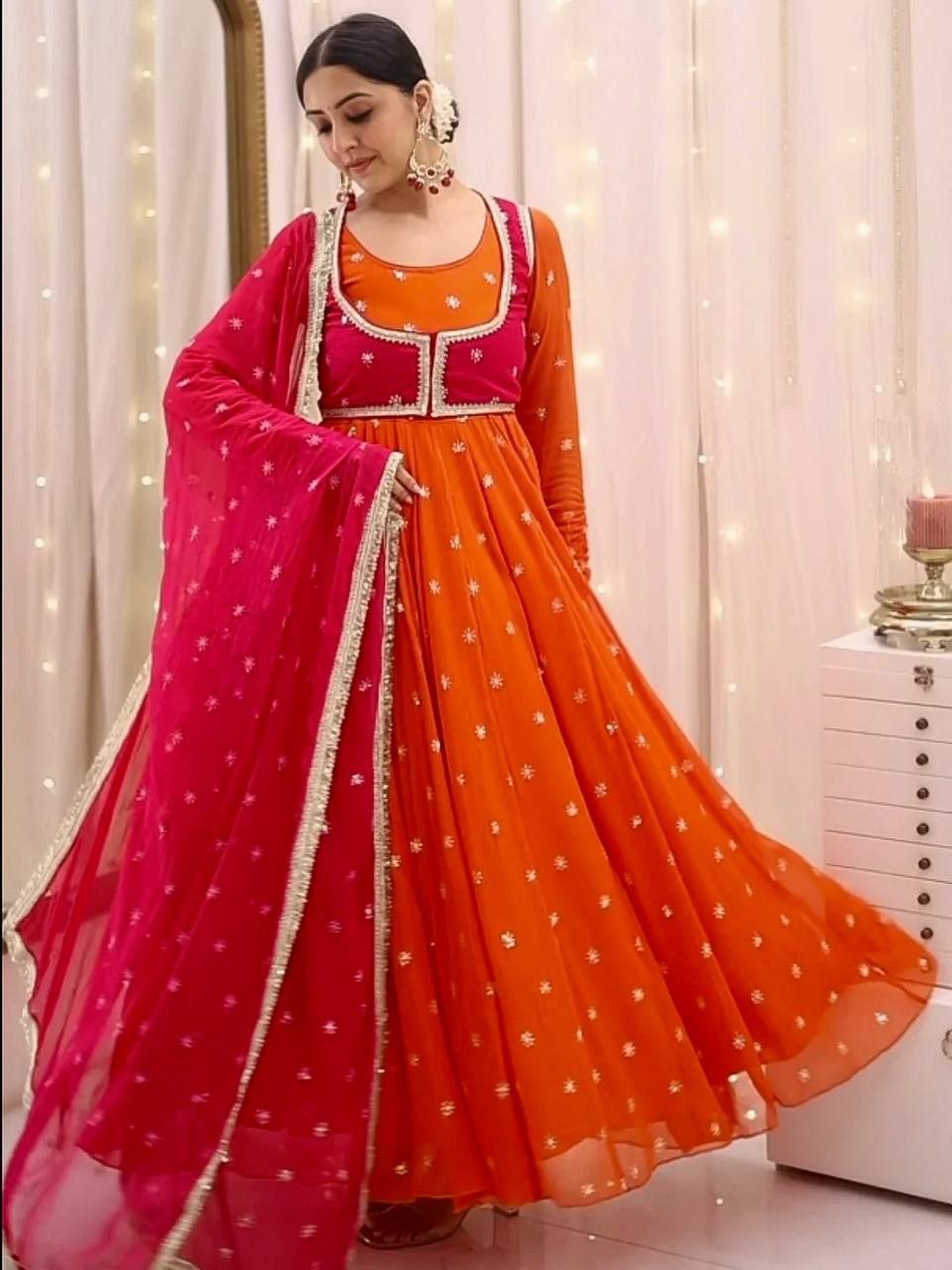 Anarkali Gown Set with Embroidered Koti, Dupatta & Pant – 7 Mtr Flair