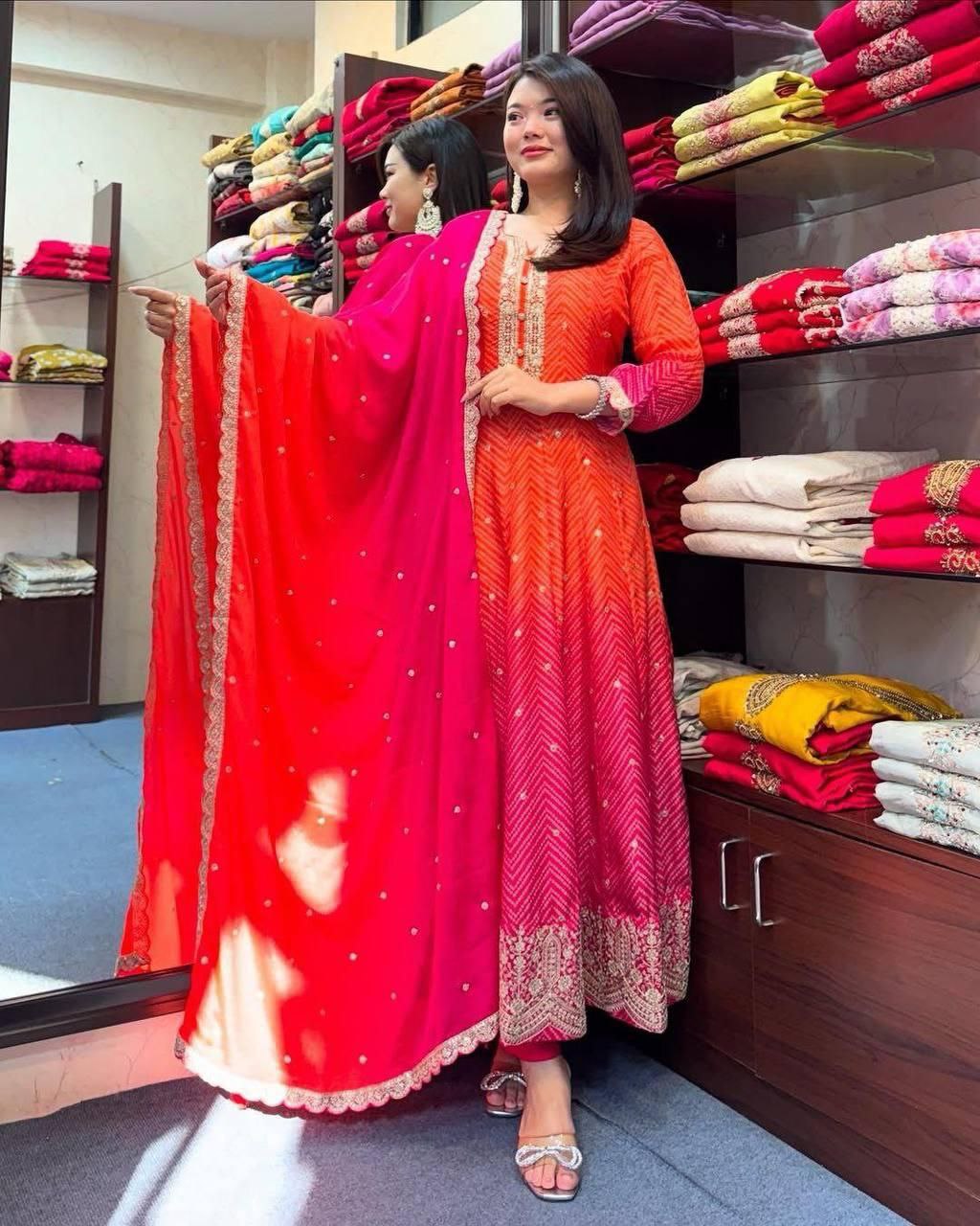 Elegant Chinon Embroidered Kurta Set with Gold Detailing | Sizes M–3XL | Ready to Ship