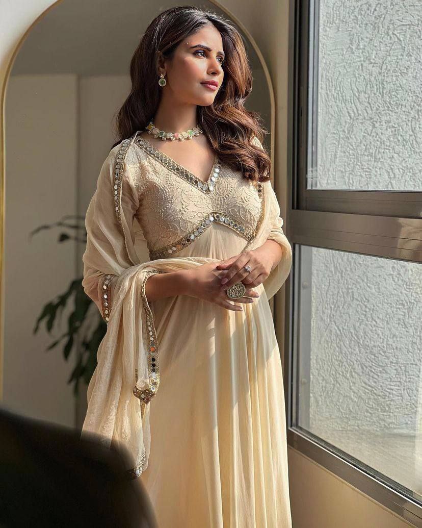 Premium Mirror Embroidered Anarkali Gown with Dupatta | Faux Georgette | 8 Meter Flair