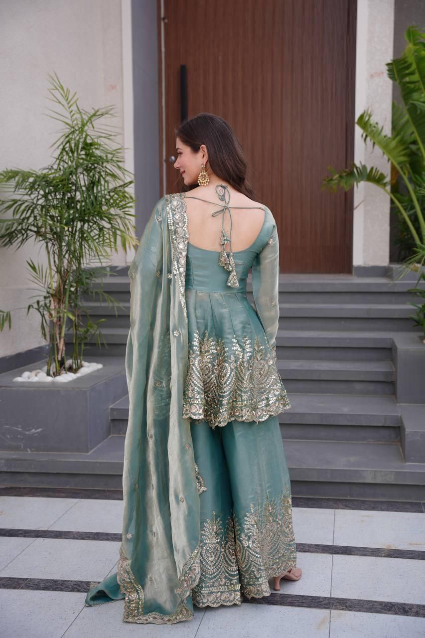 Designer Real Mirror Embroidered Gown Sharara Set