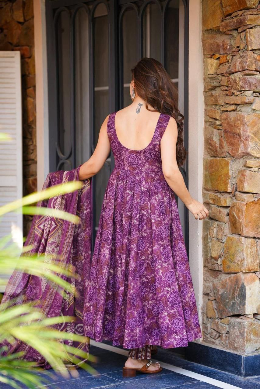 Elegant Digital Printed Cotton Anarkali Suit with Dupatta