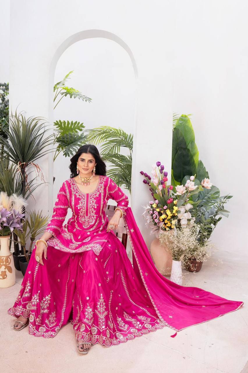 Exclusive Designer Chinnon Silk Embroidered Suit Set