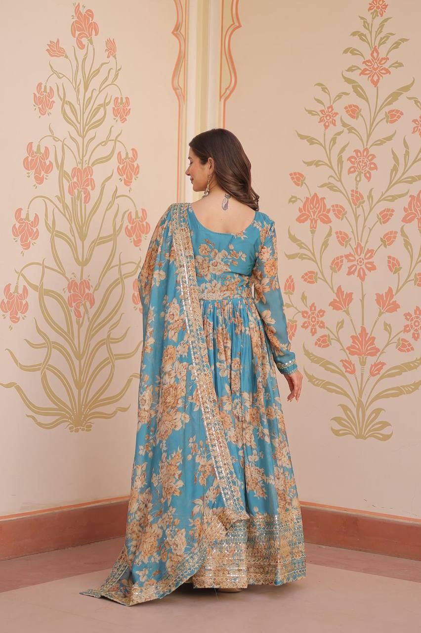 Premium Russian Silk Gown with Dupatta | Digital Print & Sequins