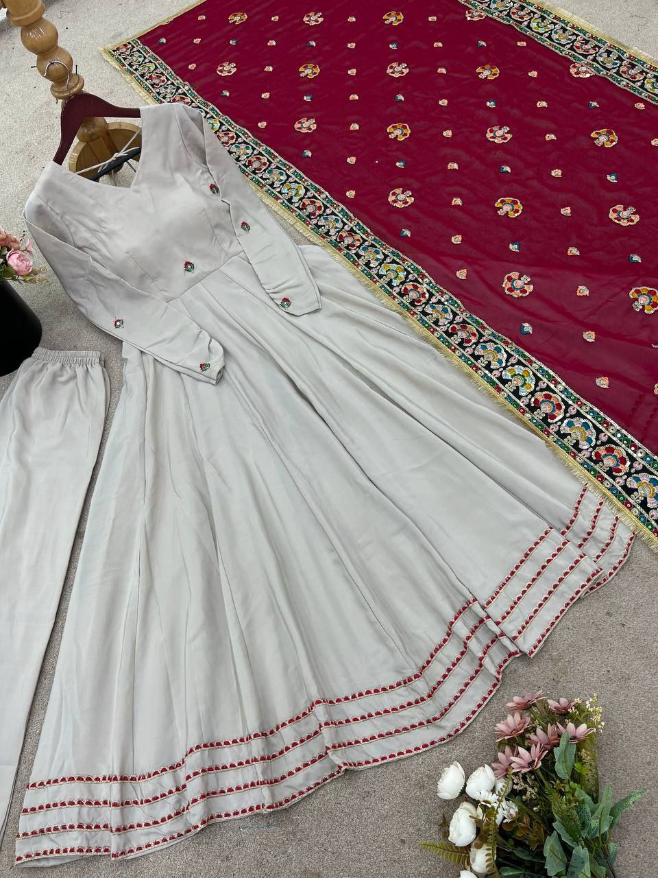 Elegant French Crepe Gown Set with Sequin Dupatta