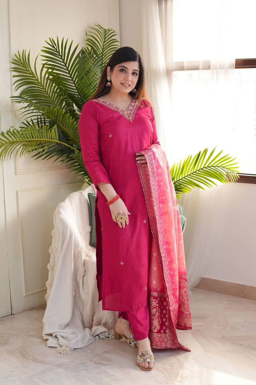 Elegant Viscose Reyon Embroidered Kurti Set with Printed Dupatta