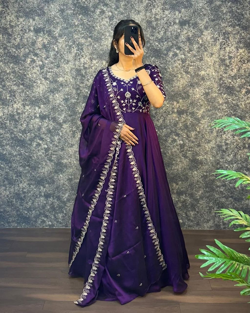 Elegant Silk Embroidered Gown with Cutwork Dupatta | Sizes S–3XL | Premium Quality